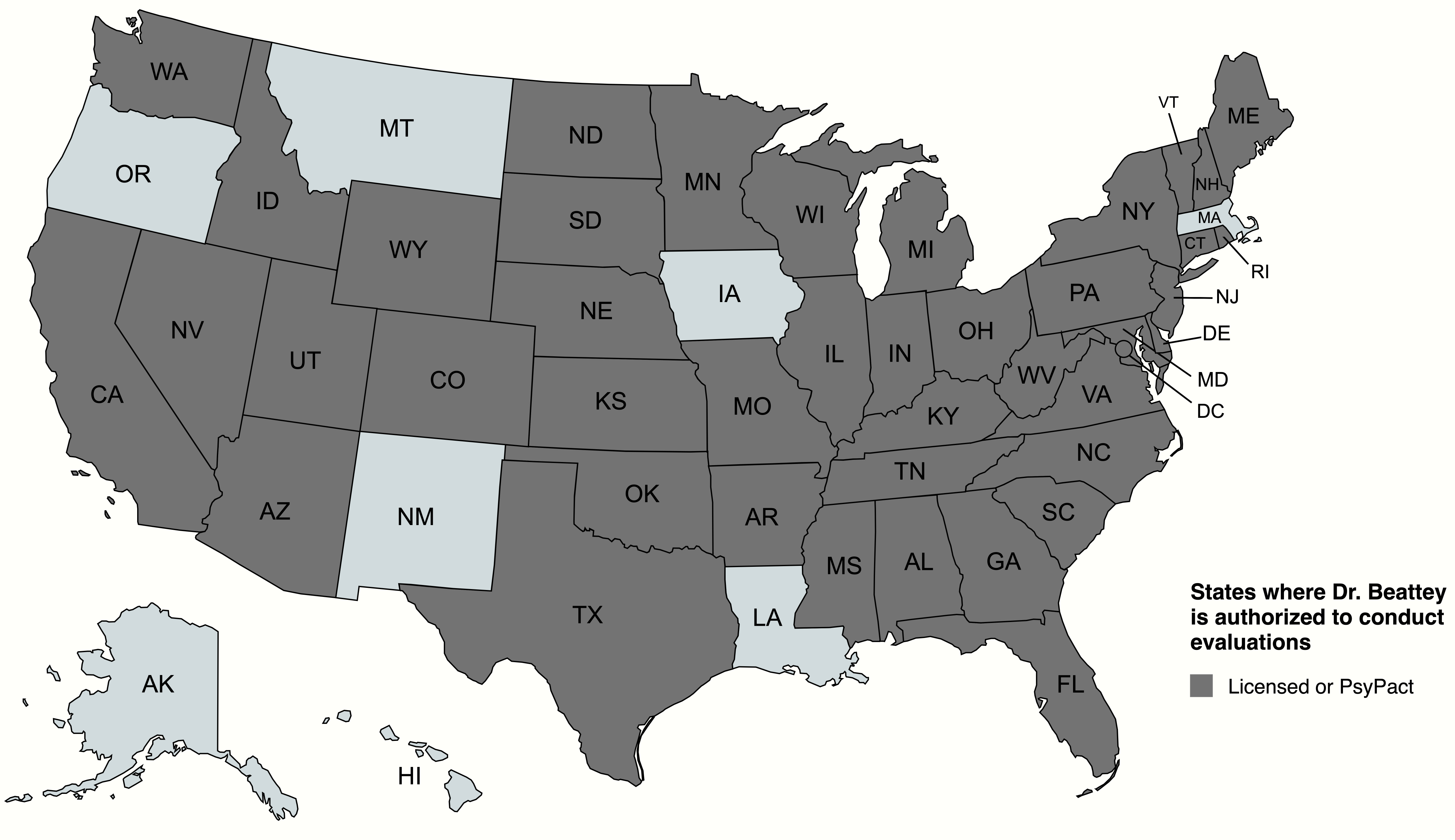 Map of states where Dr. Beattey can provide assessments